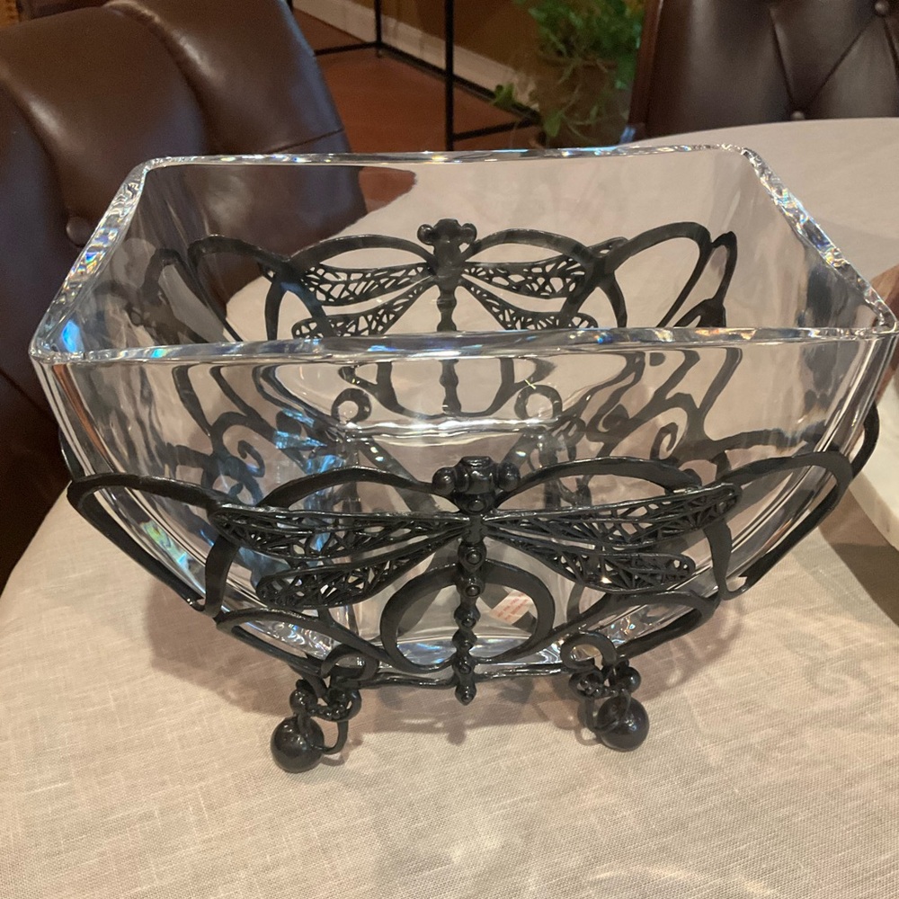 CASTILIAN Poland Crystal Bowl & Dragonfly Hefty Centerpiece 2 Pieces RARE! - Picture 8 of 14